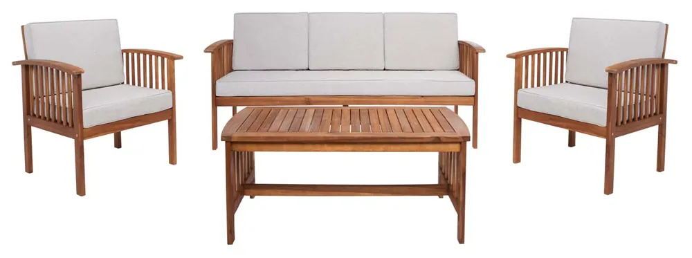 Safavieh Finnick 4Pc Living Set - Natural Wood/Light Grey Cushion Worldwide Shipping