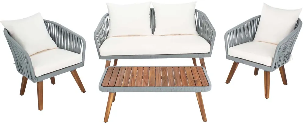 Free Delivery Safavieh Ransin 4Pc Living Set - Grey Rope/ Beige Cushion/Natural Legs