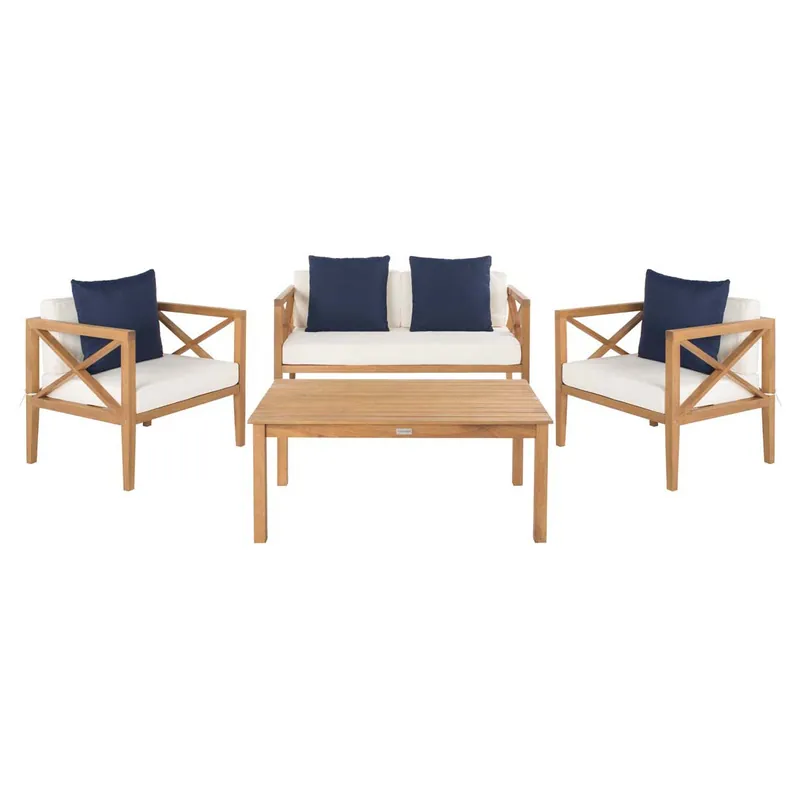Safavieh Nunzio 4 Pc Outdoor Set With Accent Pillows - Natural/Beige/Navy Direct From Factory