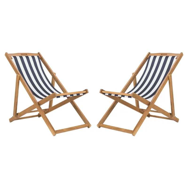 Safavieh Loren Foldable Sling Chair - Natural/Navy/White (Set of 2) Direct From Manufacturer