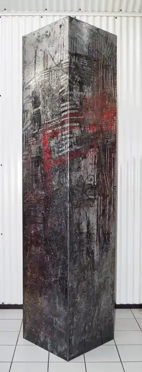 ▷ "Harmonies Urbaines Grises" abstrait vernis pigments masquages sur plaque de bois 280x61x61x61cm by Olivier Ebel, 2017 | Resin sculpture Direct From Factory