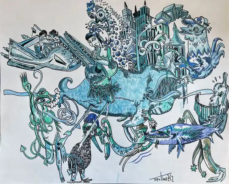▷ Psychedelik à la baleine bleue by Topolino, 2022 | Felt Tip Drawings Brand New