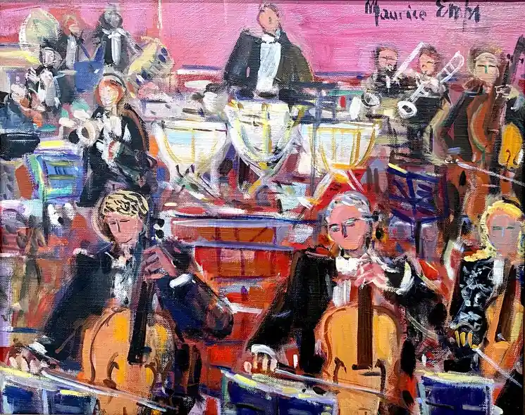 Reduced Price ▷ Violoncelles, timbales, contrebasses et cuivres by Maurice Empi, 1960 | Oil Painting for Sale