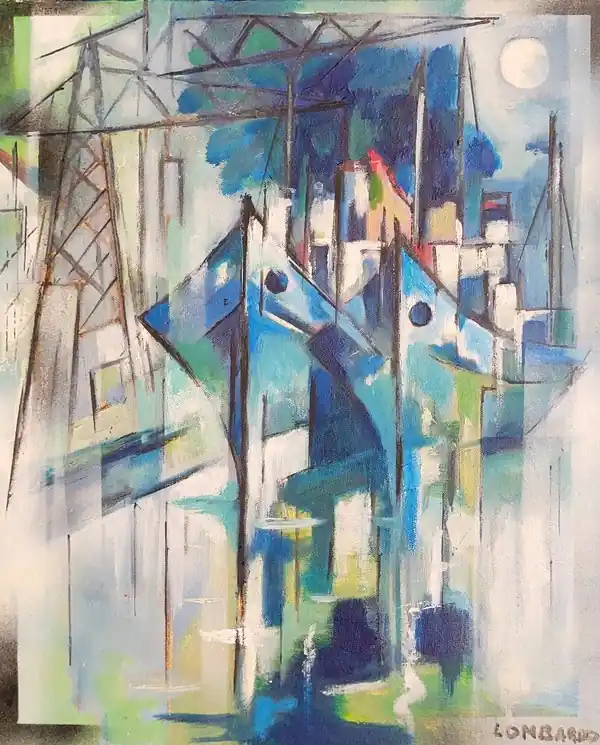 Seasonal Sale ▷ Boats in harbour. Contemporary Cubist Acrylic on Canvas. by Lombardo, 2015 | Acrylic Painting