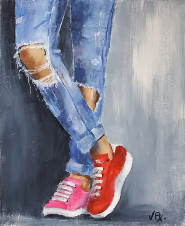 Bulk Order ▷ Femme en rose et rouge série scènes de vie by Virginie Puyfoulhoux, 2025 | Acrylic Painting