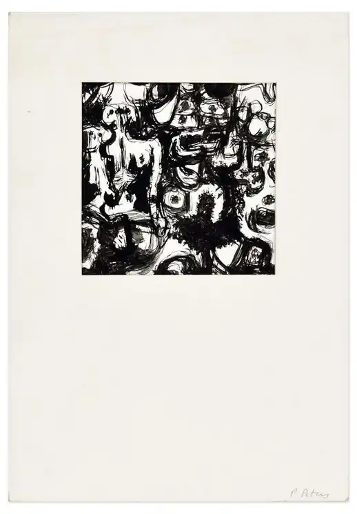 Warranty Included ▷ Black Abstract by Paul Peters, 1960 | Ink Drawing