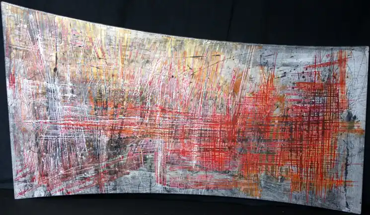 ▷ "Architecture rouge et or" abstrait vernis pigments masquages sur plaque de bois 120x220cm by Olivier Ebel, 2019 | Tinted Varnish Paintings Get Yours