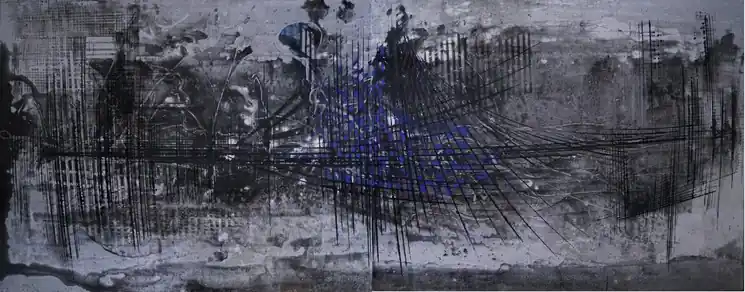 ▷ "Les coucous" abstrait diptyque vernis pigments et marquages sur plaque de bois 100x(125-125)cm by Olivier Ebel, 2021 | Tinted Varnish Paintings Next Day Delivery