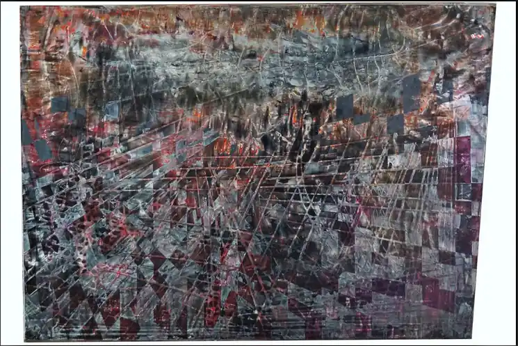 Original ▷ "Recomposition" abstrait vernis pigments et masquages sur plaque de bois 77x115cm by Olivier Ebel, 2020 | Tinted Varnish Paintings
