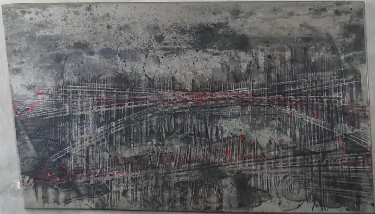 ▷ "Sous les tropiques" abstrait vernis pigments et masquages sur plaque de bois 75x125cm by Olivier Ebel, 2020 | Tinted Varnish Paintings Original