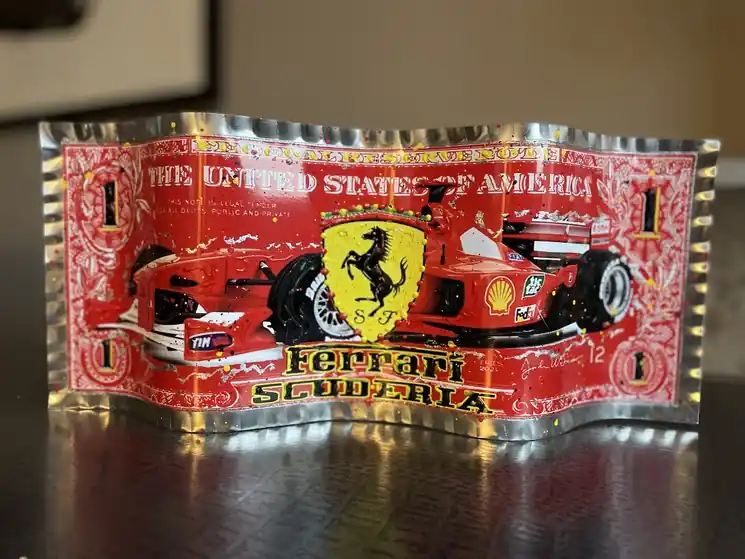 Best Price ▷ Dollar Bills - Ferrari by Alain Mimouni, 2024 | Collage Sculpture