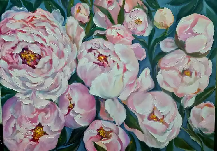 Bargain ▷ Peonies in the evening garden - oil on canvas.Landscape by Lilya Volskaya, 2025 | Oil Painting for Sale