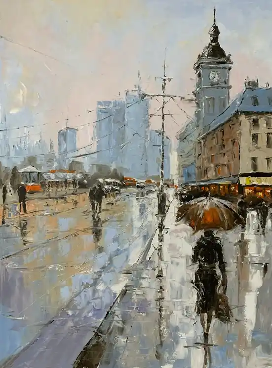 Low Price ▷ Woman in City Rain Elegy by Schagen Vita, 2025 | Palette knife painting