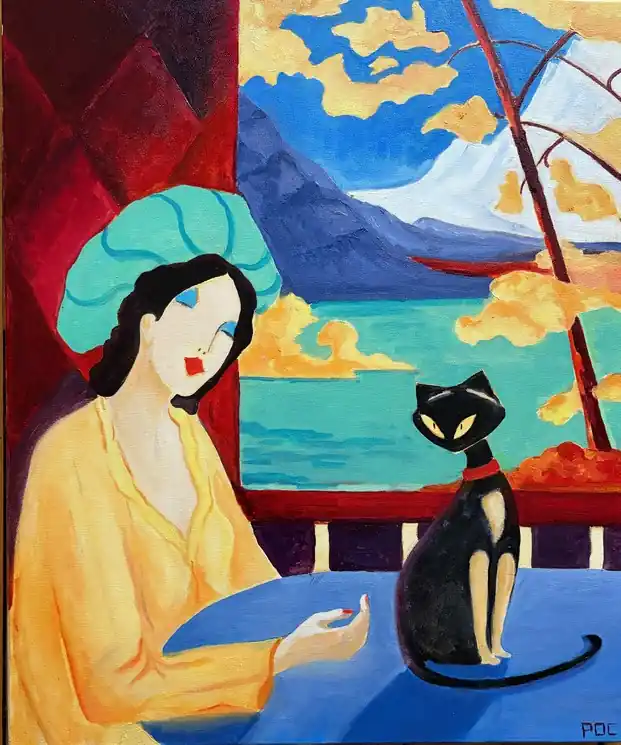 ▷ La Dame et le chat by Odile Pinto-Corbin, 2025 | Oil Painting for Sale Trusted Brand