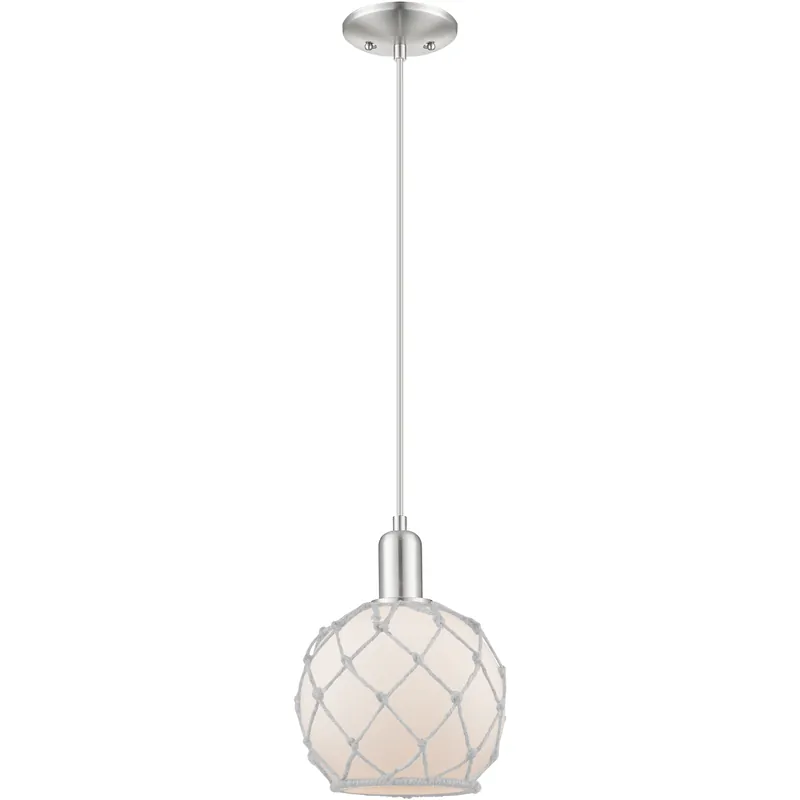 Arcadia Farmhouse Rope 1 Light 8 inch Brushed Satin Nickel Mini Pendant Ceiling Light in White Glass with White Rope Instant Buy
