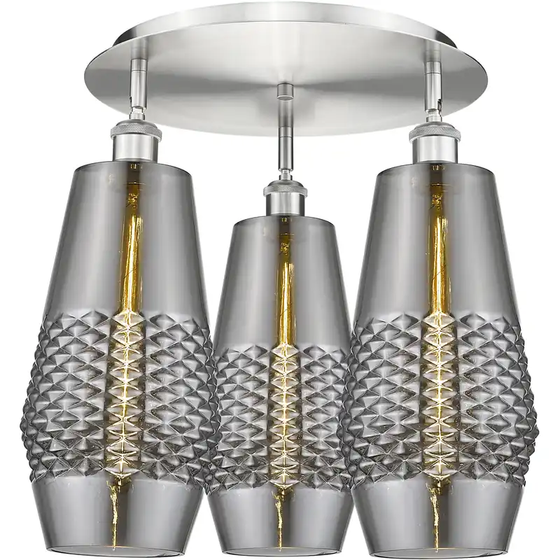 Windham 3 Light 18.75 inch Satin Nickel Flush Mount Ceiling Light in Smoked Reduced Price
