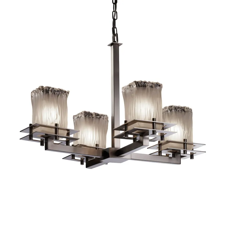 Metropolis 4 Light 25 inch Brushed Nickel Chandelier Ceiling Light in White Frosted (Veneto Luce), Square with Rippled Rim, Incandescent Money Back Guarantee