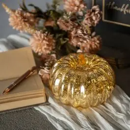Crackle Glass Golden LED Pumpkin 5 Inch Worldwide Shipping