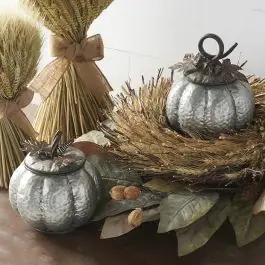 Lidded Metal Harvest Pumpkin Container Set of 2 Authentic