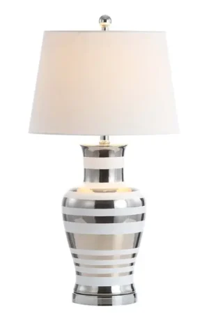 Zilar Striped Ceramic LED Table Lamp - Silver and White Exclusive