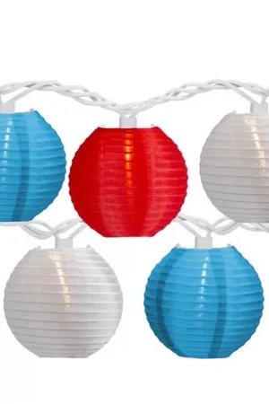 10-Count Red White and Blue 4th of July Paper Lantern Lights with 8.5 Ft. White Wire Last Chance